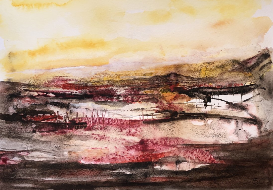 golden morning - Works on paper: Paintings/Landscapes: watercolor and ink, 9"×12", USD 250